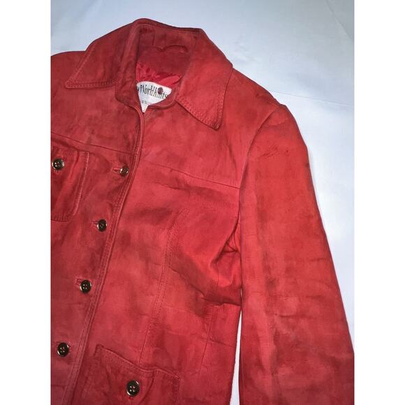 World Knits Suede Coat Women’s Size 12 Red Gold Buttons Leather Jacket Vintage - Picture 3 of 15